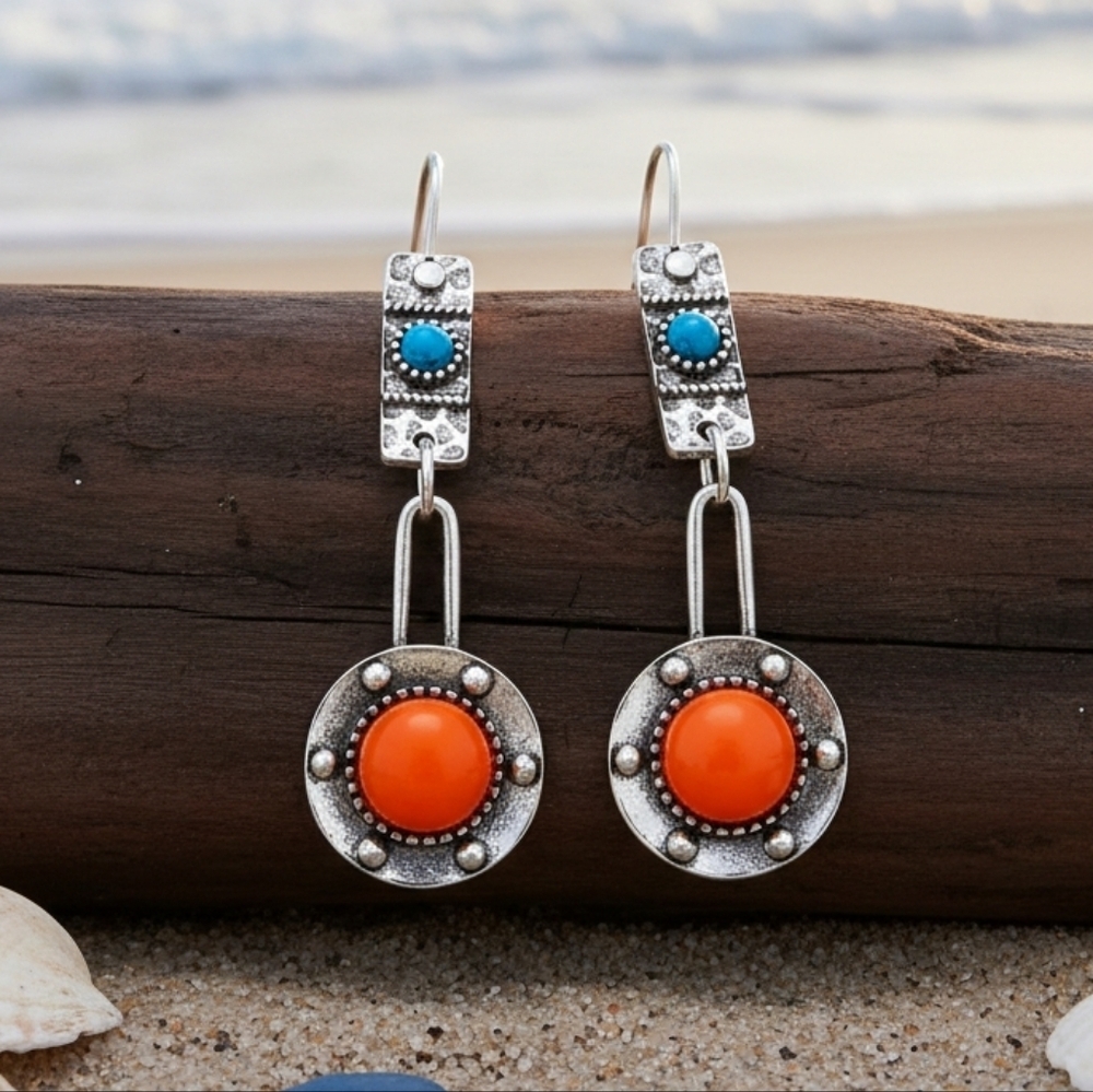 Vintage Boho Silver Drop Earrings Orange Turquoise Acrylic Whimsigoth Festival